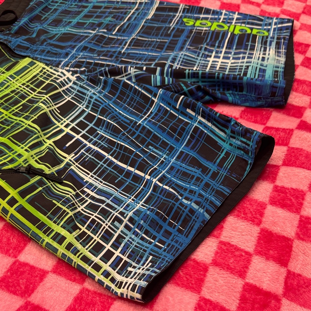 Adidas Blue and Lime Plaid Men’s Swim Trunks - Picture 4 of 5